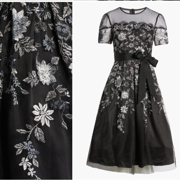 ELIZA J EMBROIDERED ILLUSIONS NECK BLACK DRESS sz 14 - Picture 4 of 5